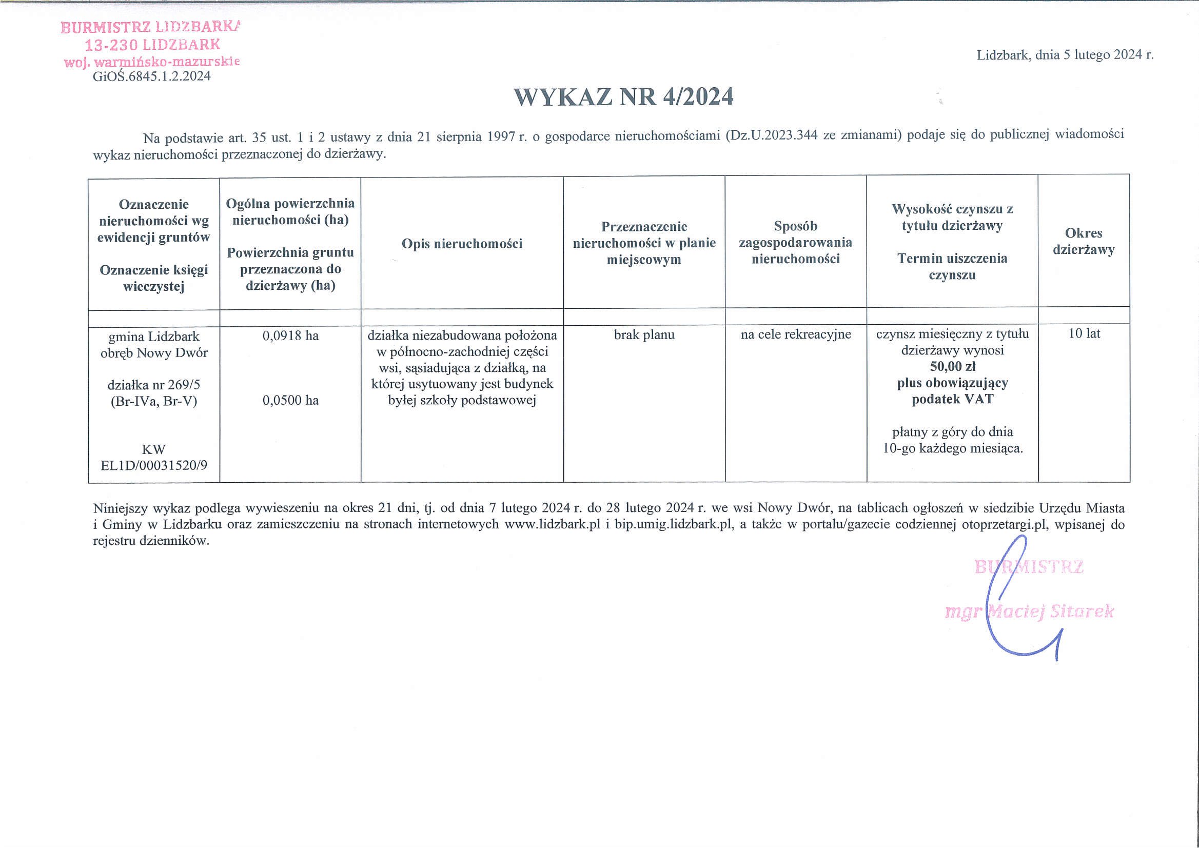 Wykaz Nr 4/2024 - Nieruchomość gruntowa do dzierżawy - obr. Nowy Dwór dz. nr 269/5